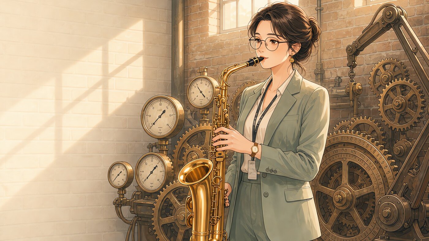 CAS Chill album art: an accountant playing saxophone
