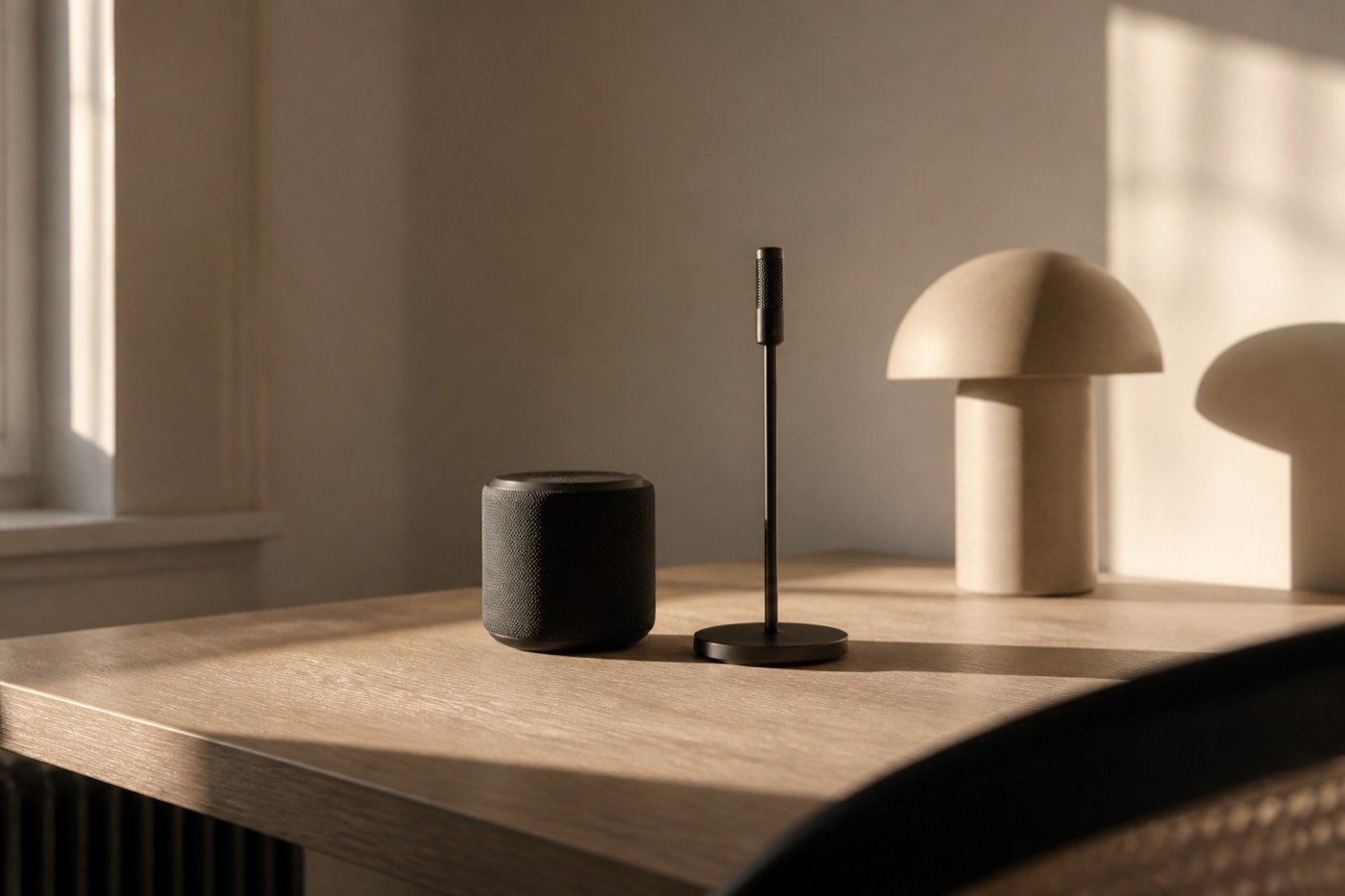 A small speaker and microphone in warm window light